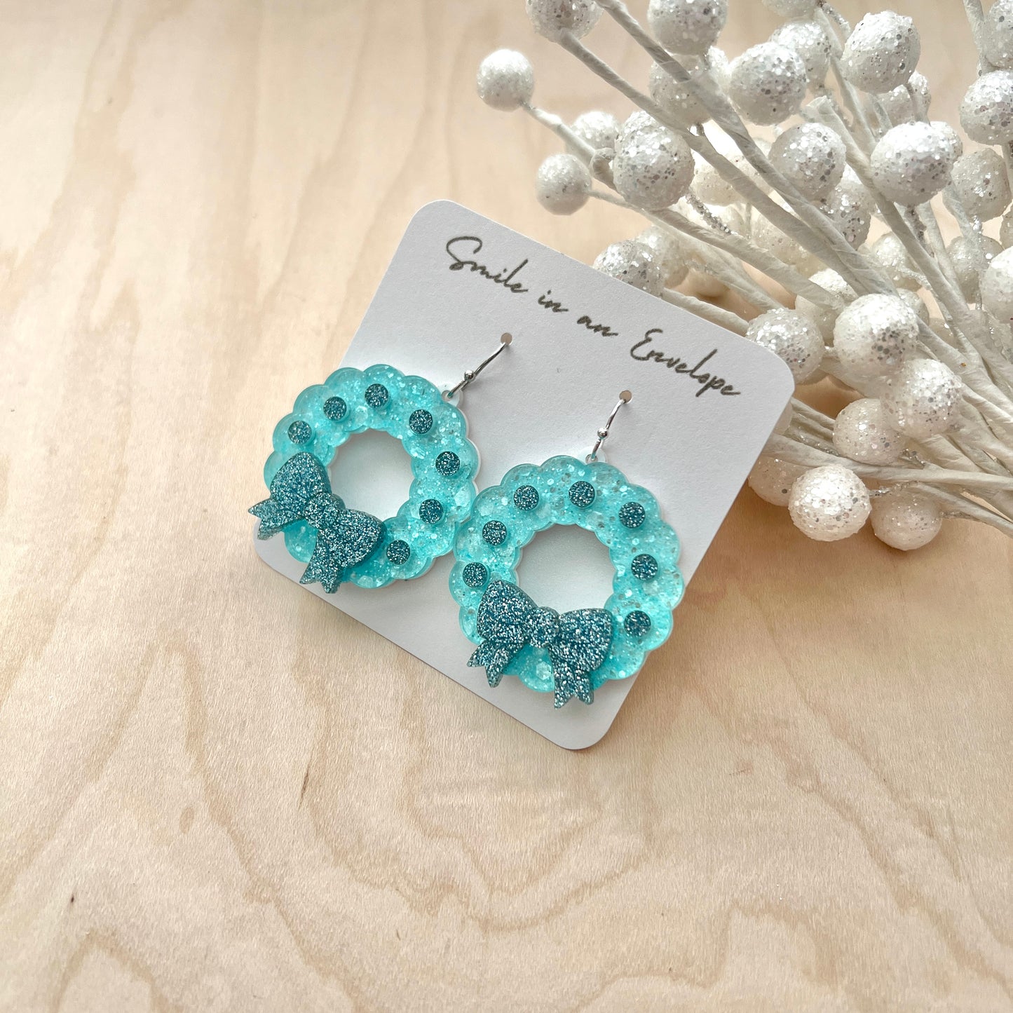 Christmas Tree Earrings Wreath - Blue image 1