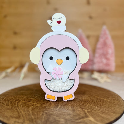 Pink Penguin with earmuff shaker with 2 toys
