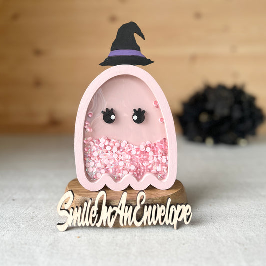 Pink Ghost Shaker with removeable witch hat